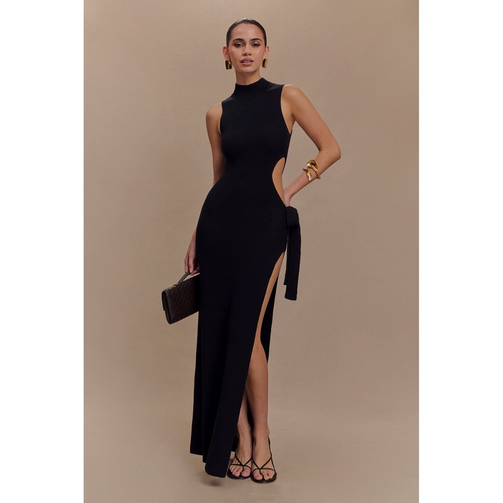 MESHKI Stephanie Black Cut Out Knit Maxi Dress High Slit Size S